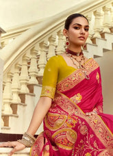 India Silk Pink Presents A Pure Viscose Saree Featuring A Delicately Hand-Worked Body That Showcases Exquisite Craftsmanship